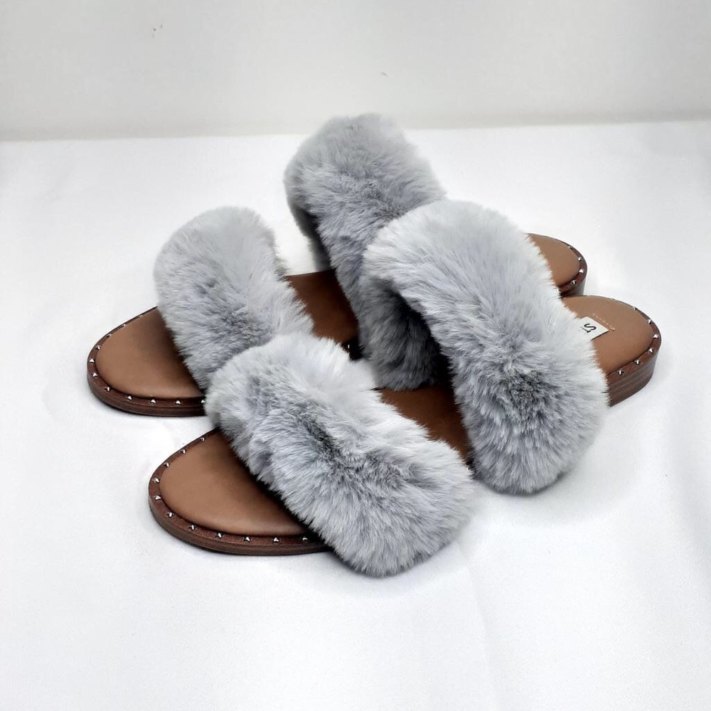 Steve Madden Enite Gray Fluffy Faux Fur Slide Sandals Size 9